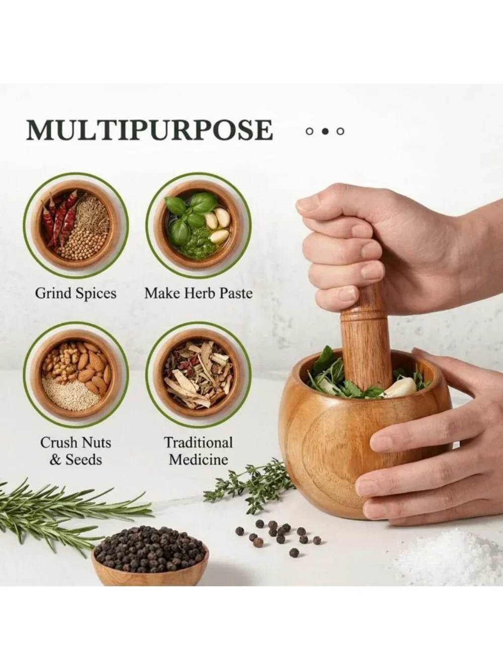 2 Pack Wooden Mortar & Pestle Set - Jujube Wood Herb & Spice Grinder for Kitchen